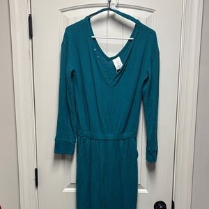 Serra Teal Long Sleeve Waffle Knit Jumpsuit